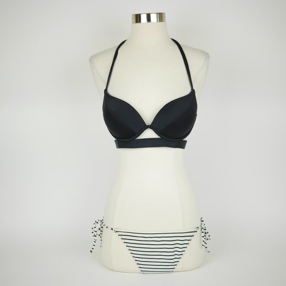 VICTORIA'S SECRET Swim Bikini - Black push up padded top 34B striped bottoms M - Picture 1 of 11